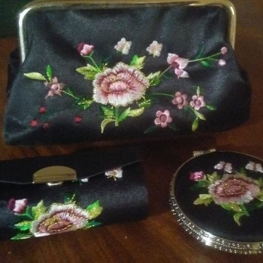 Black Silk Brocade Embroidered Cosmetic 3 PC Set